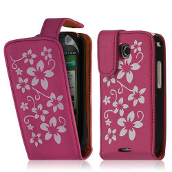 Housse coque étui pour Samsung Galaxy Teos i5800 motif fleurs couleur rose fuschia + film
