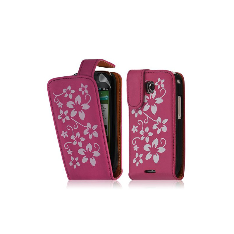 Housse coque étui pour Samsung Galaxy Teos i5800 motif fleurs couleur rose fuschia + film
