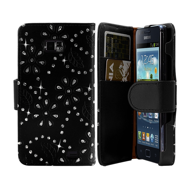 Housse Coque Etui Portefeuille pour Samsung Galaxy S2 Style Diamant Couleur Noir