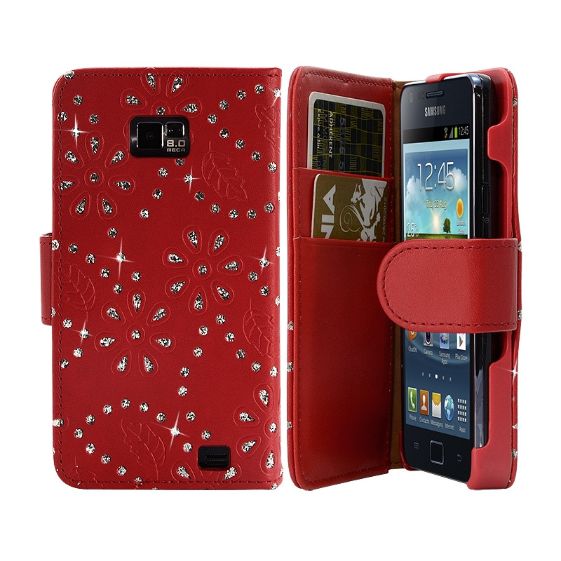 Etui Portefeuille pour Samsung Galaxy S2 Style Diamant Couleur Rouge