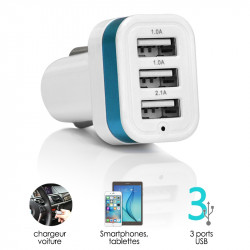 Chargeur Voiture 3 ports USB Bleu pour Samsung Galaxy A5, Galaxy A7, Galaxy A3
