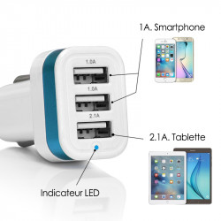 Chargeur Voiture 3 ports USB Bleu pour Smartphones Archos, Asus, Wiko, Asus