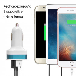 Chargeur Voiture 3 ports USB Bleu pour Smartphones et Tablettes