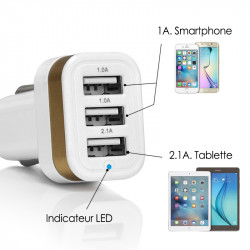 Chargeur Voiture 3 ports USB Allume-Cigare pour Tablette Samsung, Asus, Acer, Logicom, HP, Thomson, Lenovo, Lexibook, Apple