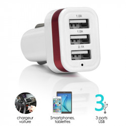 Chargeur Voiture 3 ports USB Rouge pour Wiko Lenny 2, Wiko Fever, Rainbow 4g