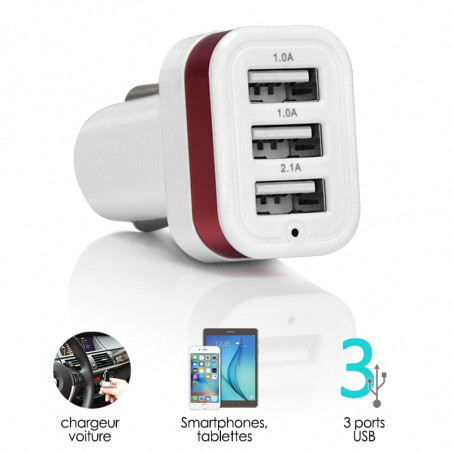 Chargeur Voiture 3 ports USB Rouge pour Wiko Lenny 2, Wiko Fever, Rainbow 4g
