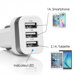 Chargeur Voiture 3 ports USB Gris pour Samsung Galaxy J1, Galaxy J5, Galaxy J3