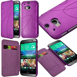 Coque Housse Etui à rabat latéral et porte-carte pour HTC One M8 couleur Violet + Film de Protection