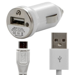 Chargeur voiture allume cigare USB avec câble data couleur blanc pour BQ Aquaris U / U Lite