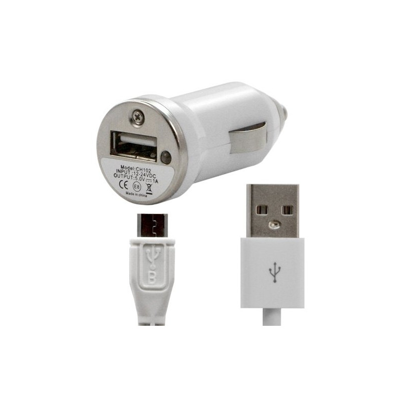 Chargeur voiture allume cigare USB avec câble data couleur blanc pour BQ Aquaris U / U Lite