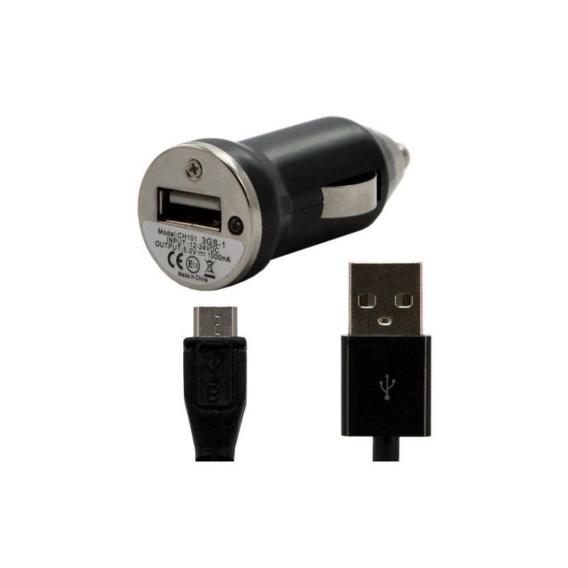 Chargeur voiture allume cigare USB avec câble data couleur noir pour BQ Aquaris U / U Lite