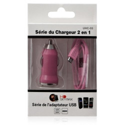 Chargeur voiture allume cigare USB avec câble data couleur rose pour BQ Aquaris U / U Lite