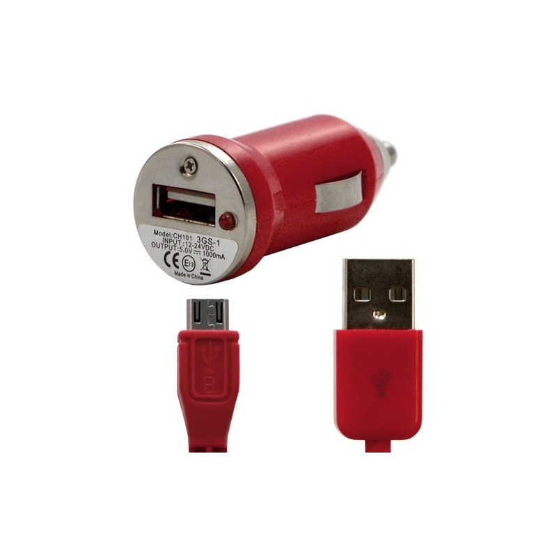 Chargeur voiture allume cigare USB avec câble data couleur rouge pour BQ Aquaris U / U Lite