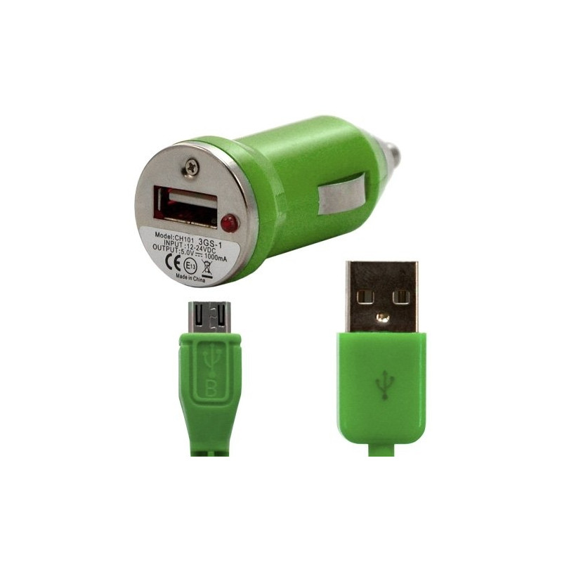 Chargeur voiture allume cigare USB avec câble data couleur vert pour BQ Aquaris U / U Lite