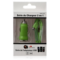 Chargeur voiture allume cigare USB avec câble data couleur vert pour BQ Aquaris U / U Lite