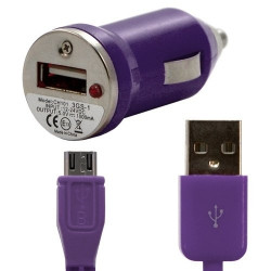 Chargeur voiture allume cigare USB avec câble data couleur violet pour HTC : Desire C / Explorer / One V / Raider 4G /