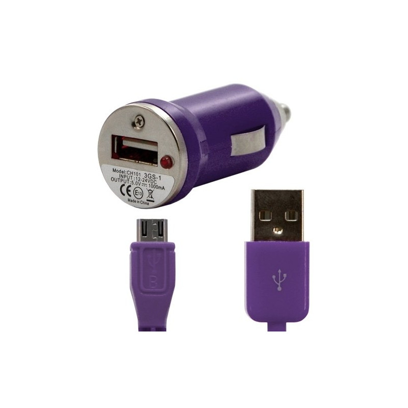 Chargeur voiture allume cigare USB avec câble data couleur violet pour BQ Aquaris U / U Lite