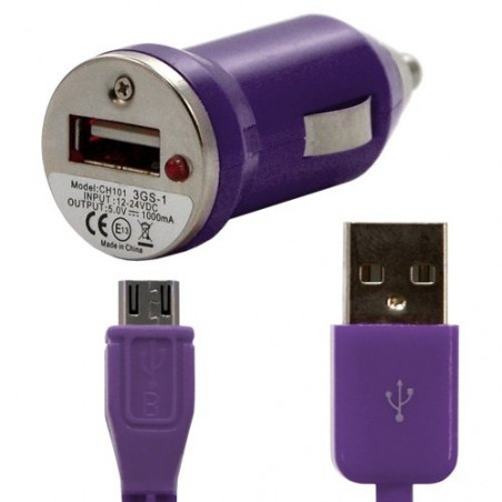 Chargeur voiture allume cigare USB avec câble data couleur violet pour BQ Aquaris U / U Lite