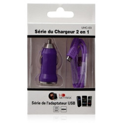 Chargeur voiture allume cigare USB avec câble data couleur violet pour BQ Aquaris U / U Lite