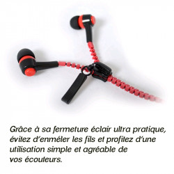 Ecouteurs Filaire Kit Mains Libres Style Zip rouge pour tous les Smartphones IOS Android