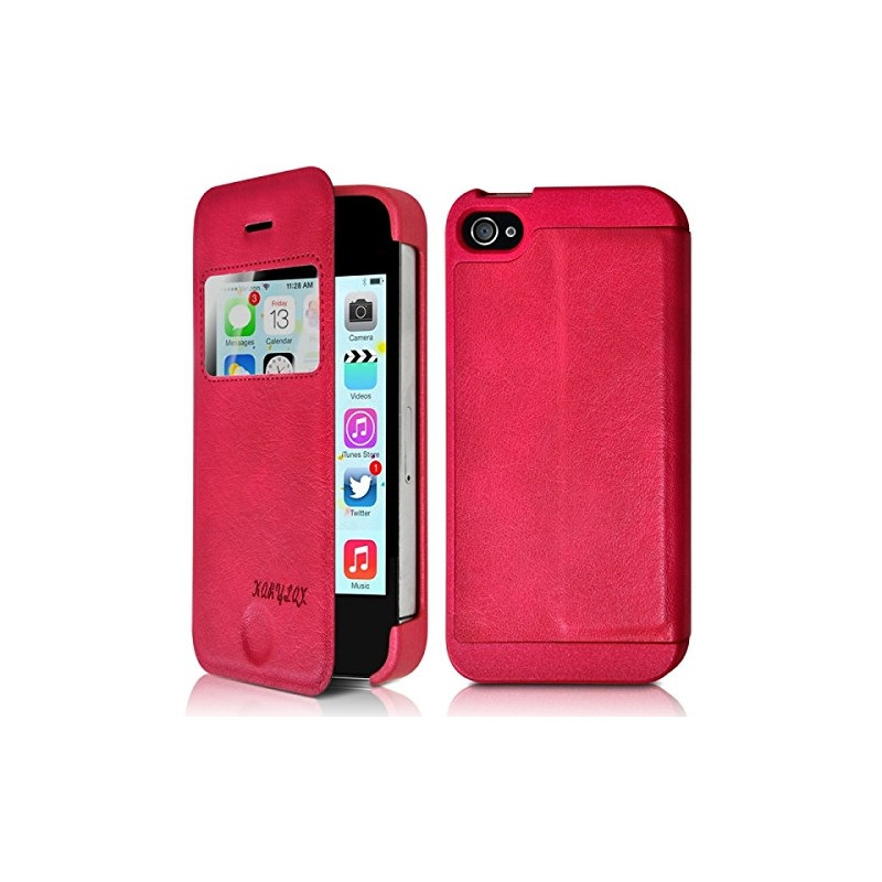 Etui S-View à Rabat Latéral Couleur Rose Fushia pour Apple iPhone 4 / 4S + Film