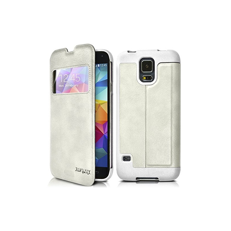 Housse Coque Etui S-View à Rabat Latéral Fonction Support Couleur Blanc Cassé pour Samsung Galaxy S5 + Film
