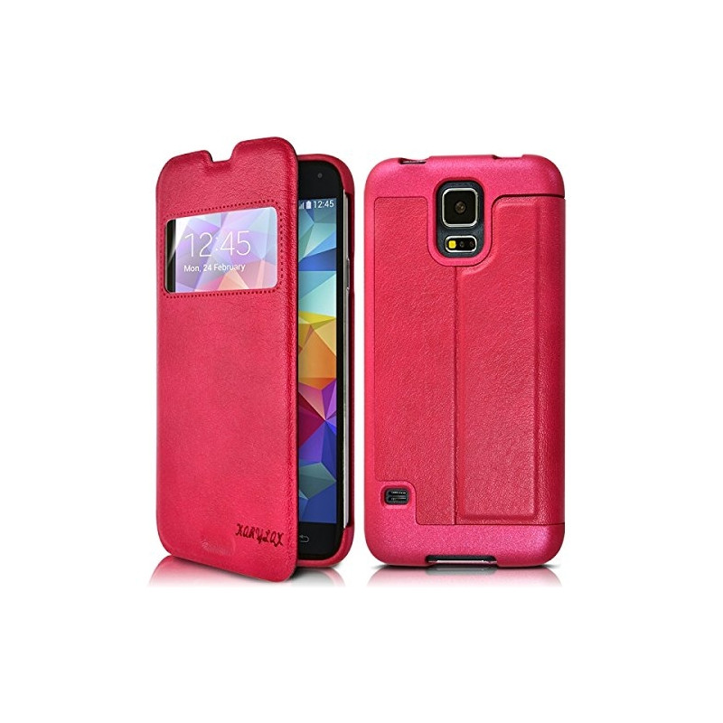 Housse Coque Etui S-View à Rabat Latéral Fonction Support Couleur Rose Fushia pour Samsung Galaxy S5 + Film