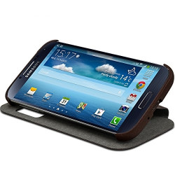 Housse Coque Etui S-View à Rabat Latéral Fonction Support Couleur Marron pour Samsung Galaxy S4 + Film
