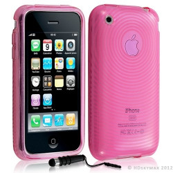 Housse étui coque en gel transparent pour Apple Iphone 3G/3Gs motif cercle couleur rose + mini stylet