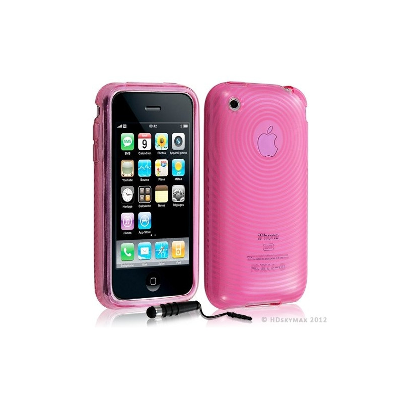 Housse étui coque en gel transparent pour Apple Iphone 3G/3Gs motif cercle couleur rose + mini stylet