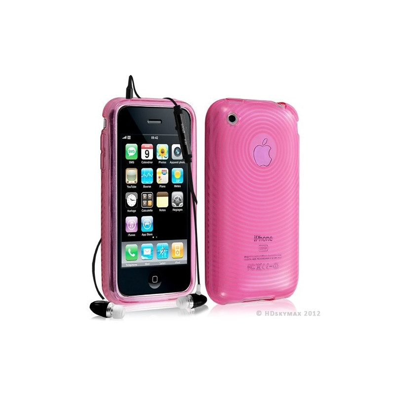 Housse étui coque en gel transparent pour Apple Iphone 3G/3Gs motif cercle couleur rose + kit piéton