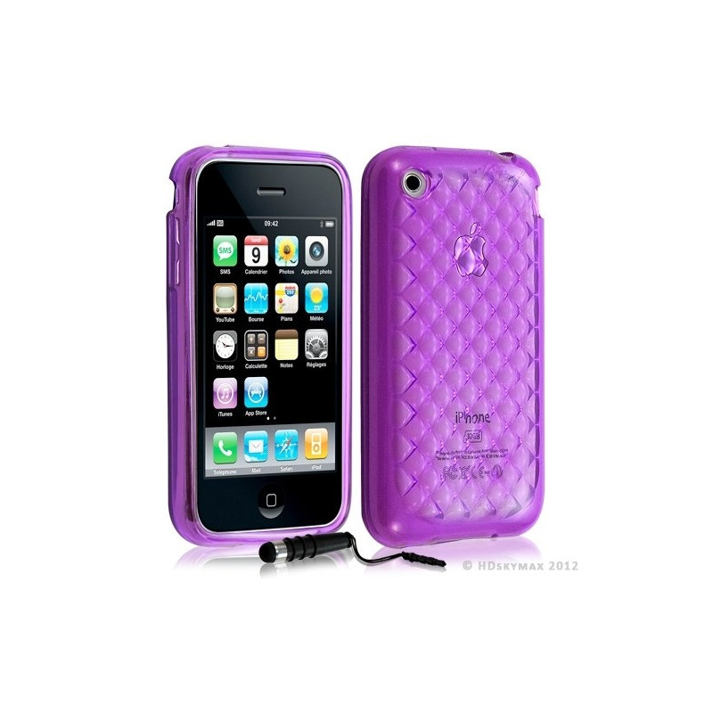 Housse étui coque en gel transparent pour Apple Iphone 3G/3Gs motif damier couleur violet + mini stylet