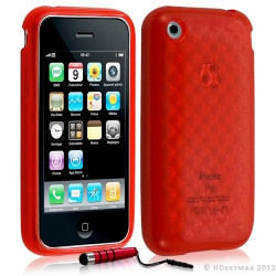 Housse étui coque en gel transparent pour Apple Iphone 3G/3Gs motif damier couleur rouge + mini stylet