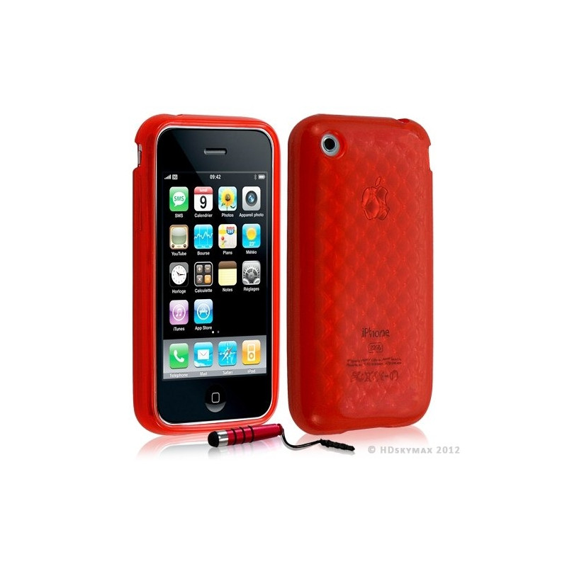 Housse étui coque en gel transparent pour Apple Iphone 3G/3Gs motif damier couleur rouge + mini stylet