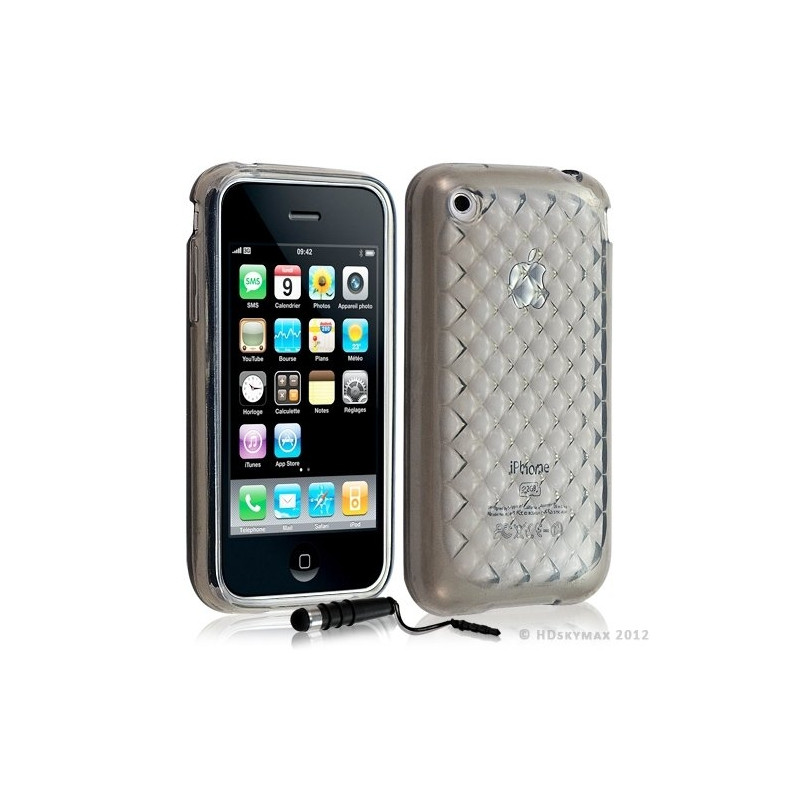 Housse étui coque en gel transparent pour Apple Iphone 3G/3Gs motif damier couleur gris + mini stylet