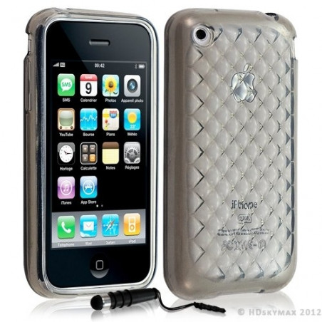 Housse étui coque en gel transparent pour Apple Iphone 3G/3Gs motif damier couleur gris + mini stylet