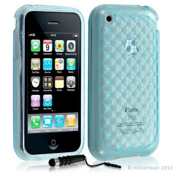 Housse étui coque en gel transparent pour Apple Iphone 3G/3Gs motif damier couleur bleu + mini stylet