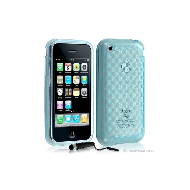 Housse étui coque en gel transparent pour Apple Iphone 3G/3Gs motif damier couleur bleu + mini stylet