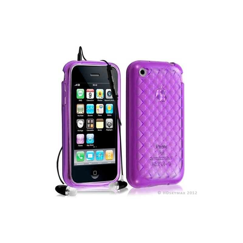 Housse étui coque en gel transparent pour Apple Iphone 3G/3Gs motif damier couleur violet + kit piéton