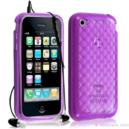 Housse étui coque en gel transparent pour Apple Iphone 3G/3Gs motif damier couleur violet + kit piéton