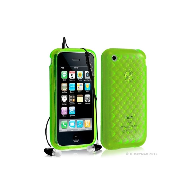 Housse étui coque en gel transparent pour Apple Iphone 3G/3Gs motif damier couleur vert + kit piéton