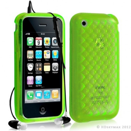 Housse étui coque en gel transparent pour Apple Iphone 3G/3Gs motif damier couleur vert + kit piéton