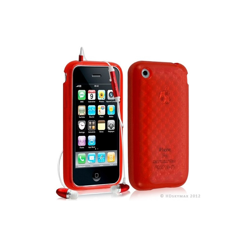 Housse étui coque en gel transparent pour Apple Iphone 3G/3Gs motif damier couleur rouge + kit piéton