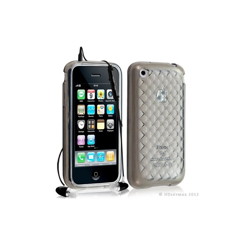 Housse étui coque en gel transparent pour Apple Iphone 3G/3Gs motif damier couleur gris + kit piéton