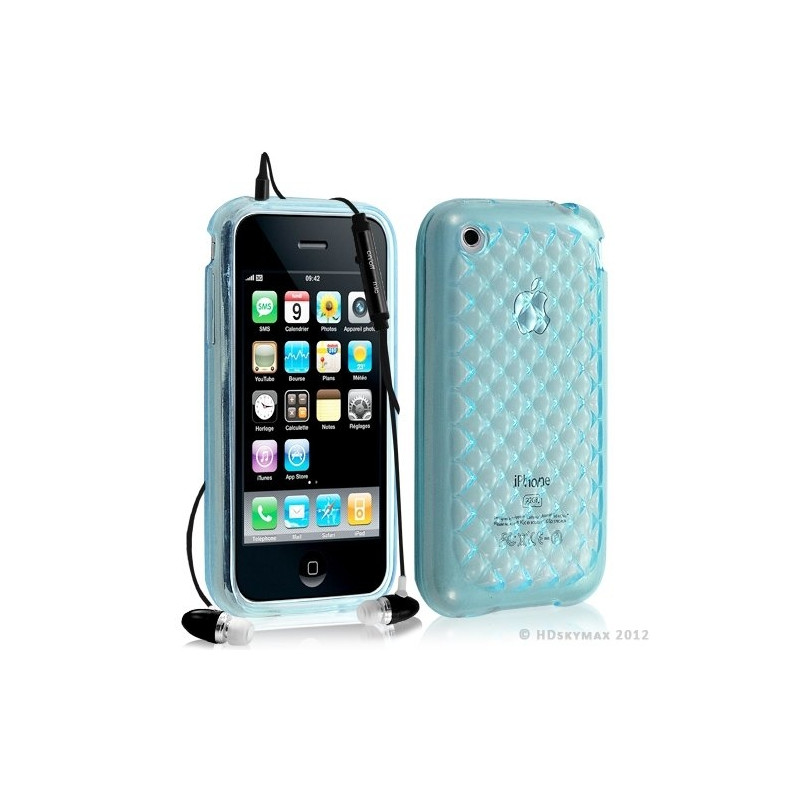 Housse étui coque en gel transparent pour Apple Iphone 3G/3Gs motif damier couleur bleu + kit piéton