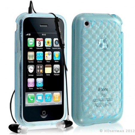 Housse étui coque en gel transparent pour Apple Iphone 3G/3Gs motif damier couleur bleu + kit piéton