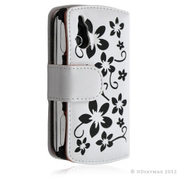 Housse coque étui portefeuille fleur pour Sony Ericsson Xperia Play couleur blanc + Film ecran