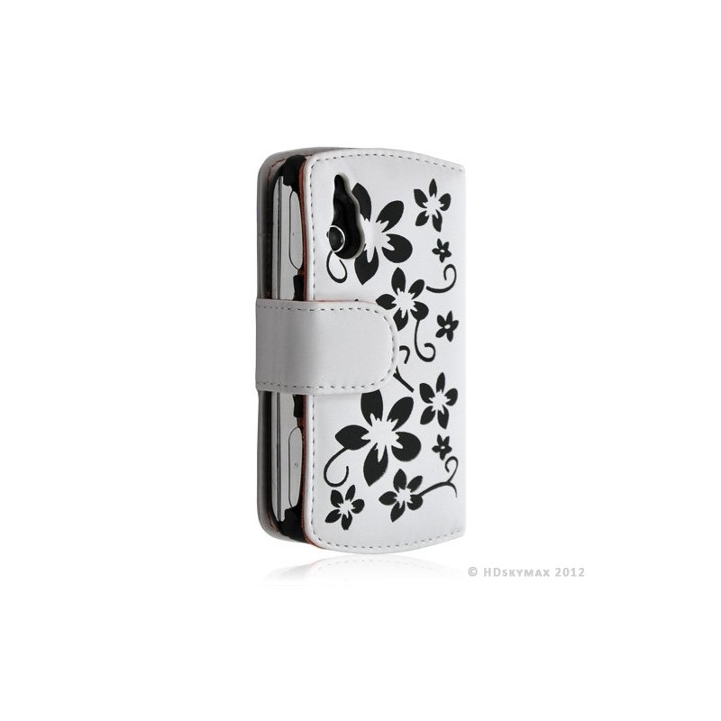 Housse coque étui portefeuille fleur pour Sony Ericsson Xperia Play couleur blanc + Film ecran