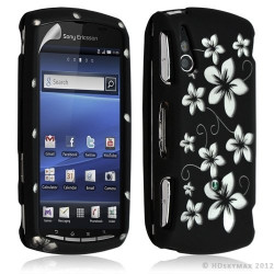 Housse coque rigide complète pour Sony Ericsson Xperia Play couleur noir avec motif fleur + film ecran