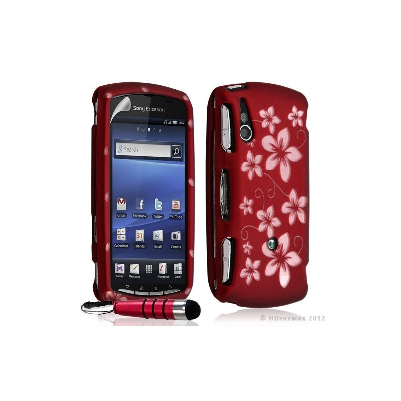 Housse coque rigide complète pour Sony Ericsson Xperia Play couleur rouge avec motif fleur + Stylet + film ecran